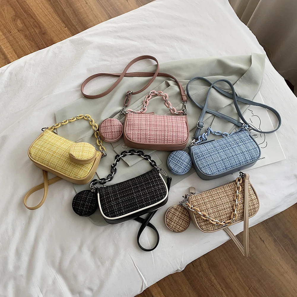 

Fashion Solid Color Thick Chain Handle Underarm Bag with Mini Purse Casual Woolen PU Leather Splicing Women's Shoulder Handbag