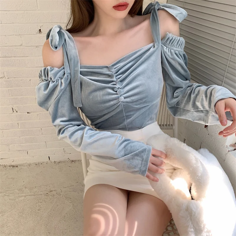 

Kimutomo Women Fashion Shirts Slash Neck Sexy Off Shoulder Girls Lace Up Solid Velvet Long Sleeve Tops Outwear Elegant