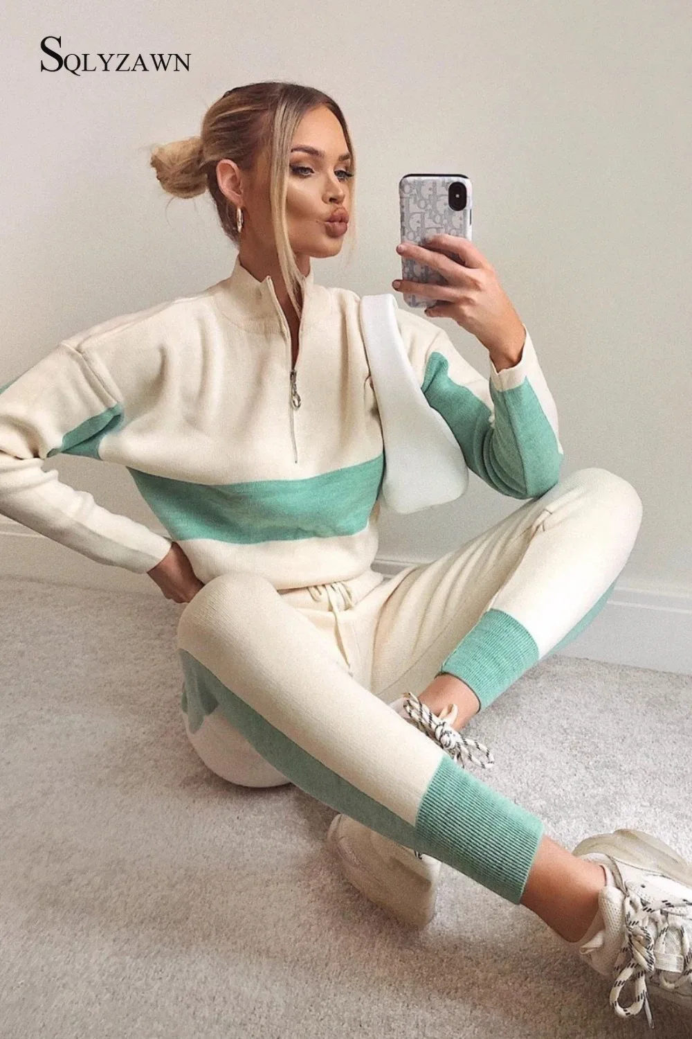 

Winter Running Set Women Tracksuit Sweat Pants Jogger Suits 2pcs Sportswear Female Zip Collar Leisure Women's Two-piece Set Suit