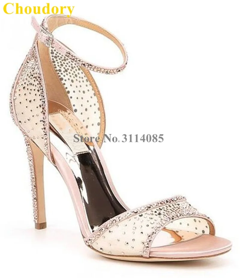 Сетчатые сандалии Choudory цвета шампанского на высоком каблуке с кристаллами
