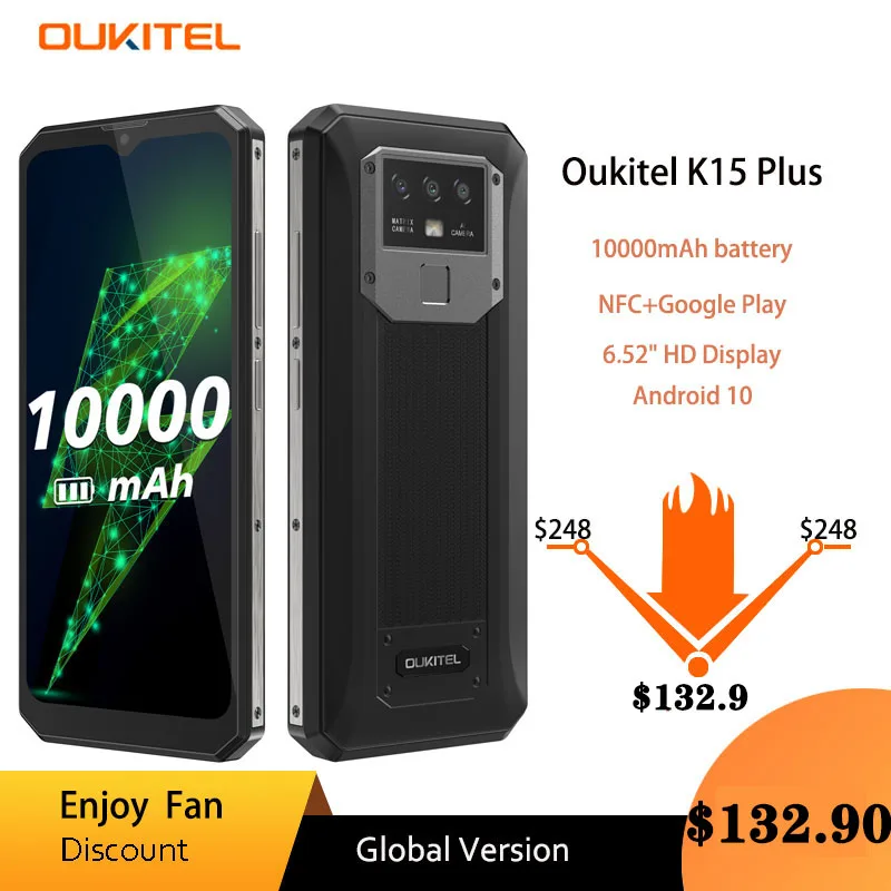 

OUKITEL K15 Plus 10000mAh NFC Rugged Smart Phone 3GB RAM 32GB ROM 6.52" Cellphone Quad Core Android 10 Mobile Phones MT6761 13MP