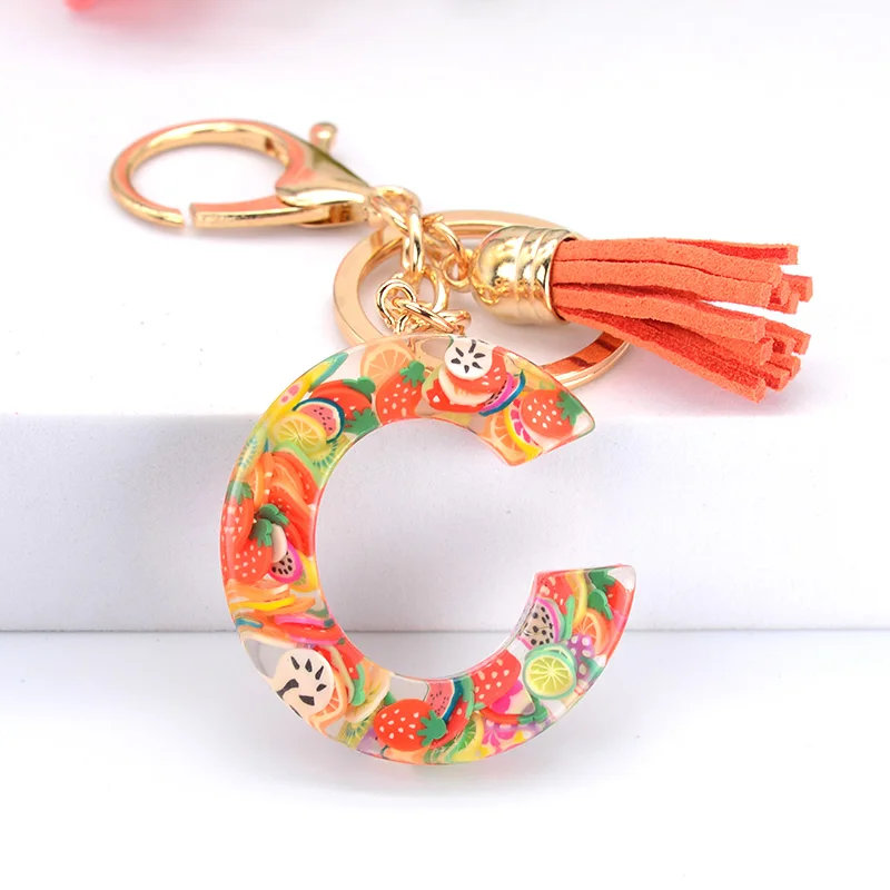 

26 Initial Letter Fruit Slices Tassel Keychain Cute Colorful Bag Car Pendant Rings Party Daily Birthday Jewelry Decoration Gift