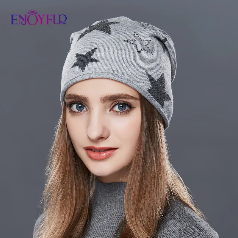 Enjoyfur Модная вязаная шапка женская пятиконечная звезда Стразы зима Шапки Для женщин кашемир Шапочки Новые Теплые Гравити Фолз Кепки