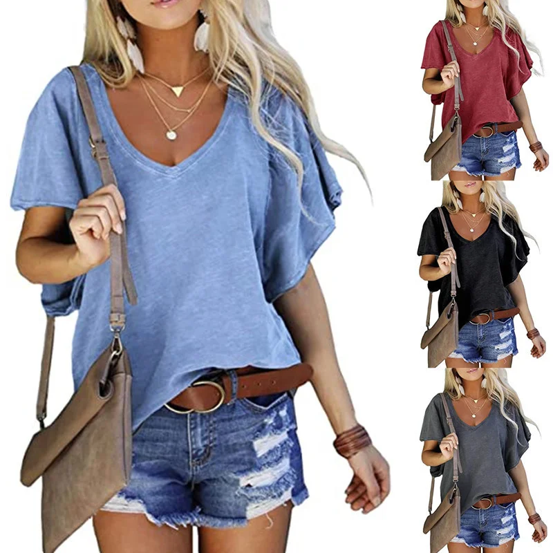 

2021 New Summer Women's Tops V-Neck Cotton Solidcolor Short Sleeve Casual Loose Pius Size Femmel T-Shirt
