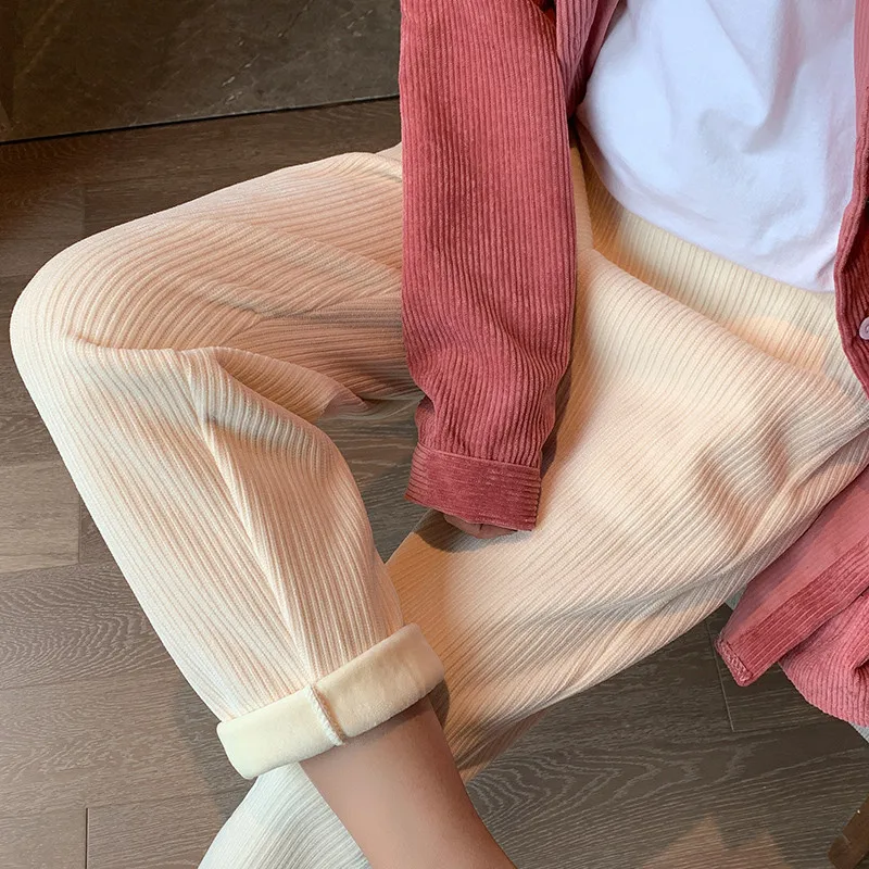 

Новинка 2021 женские осенне-зимние женские брюки с широкими штанинами и высокой талией из синели, утепленные вельветовые брюки до щиколотки