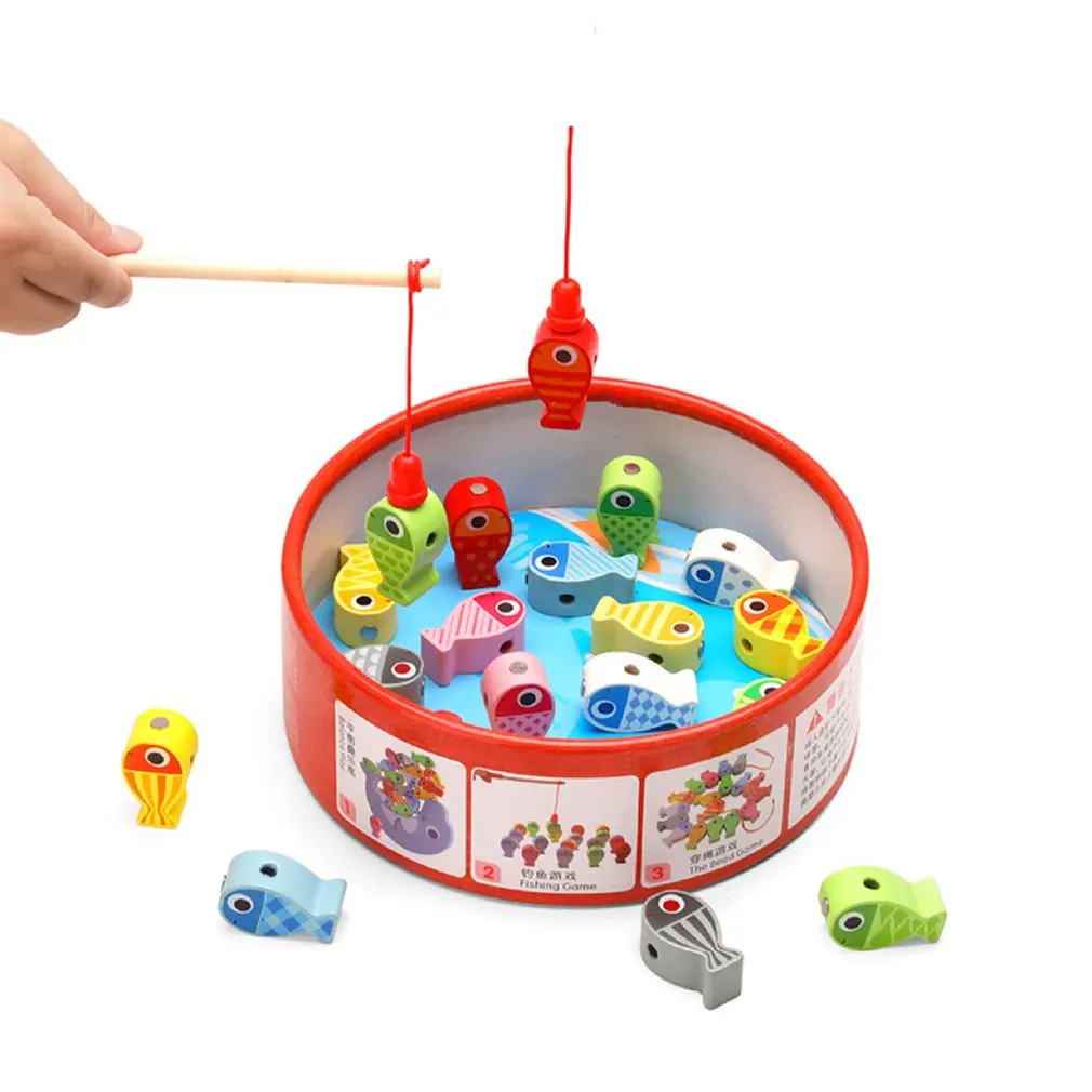 

Wooden Three-in-one Fishing Game Fishing Toy Balance Building Blocks Balanced Jenga Children's Barrel Beaded Educational Toys