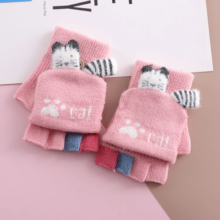 pink Зимние детские теплые перчатки с полупальцами для мальчиков и девочек 3-6 лет, милые детские вязаные теплые перчатки высокого качества - Цвет: pink