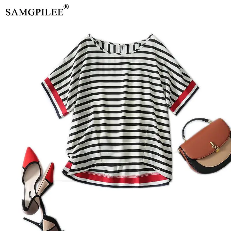 

Plus Size Summer T Shirts Woman 2021 New Korean Style Classic Striped Stitching Chiffon O Neck Short-sleeved Women T-shirt 4XL