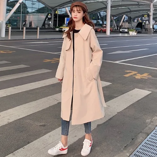 

TINT ERA Windbreaker Women's Mid-length British Style Spring 2021 New Age-reducing Loose Lapel Tie-up Waist Long-sleeved Jacket