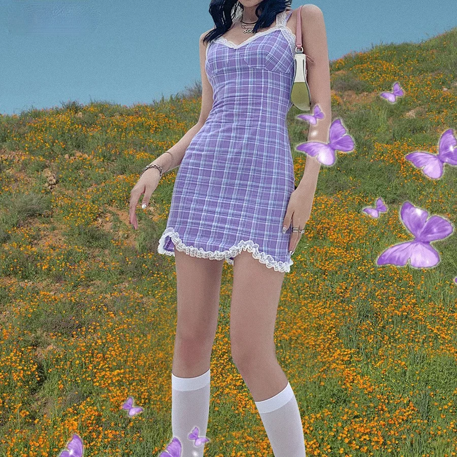 

Sweet Y2k Fashion Lace Purple Plaid Dress Women Summer New Sexy Party Birthday Mini Bodycon Cute Spaghetti Strap Dresses Gothic