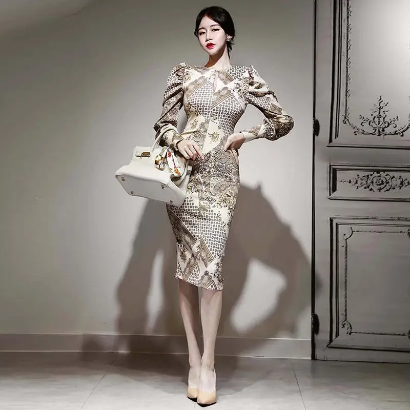 

Office Lady Work Print Slim Dress Women Sexy Spring Autumn Elegant Fashion Vestido Dress