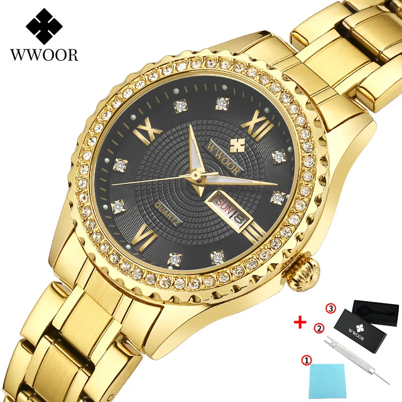gold black WWOOR, новинка, женские часы-браслет с бриллиантами, водонепроницаемые женские часы из нержавеющей стали, модные кварцевые часы для женщин, Reloj Mujer - Цвет: gold black
