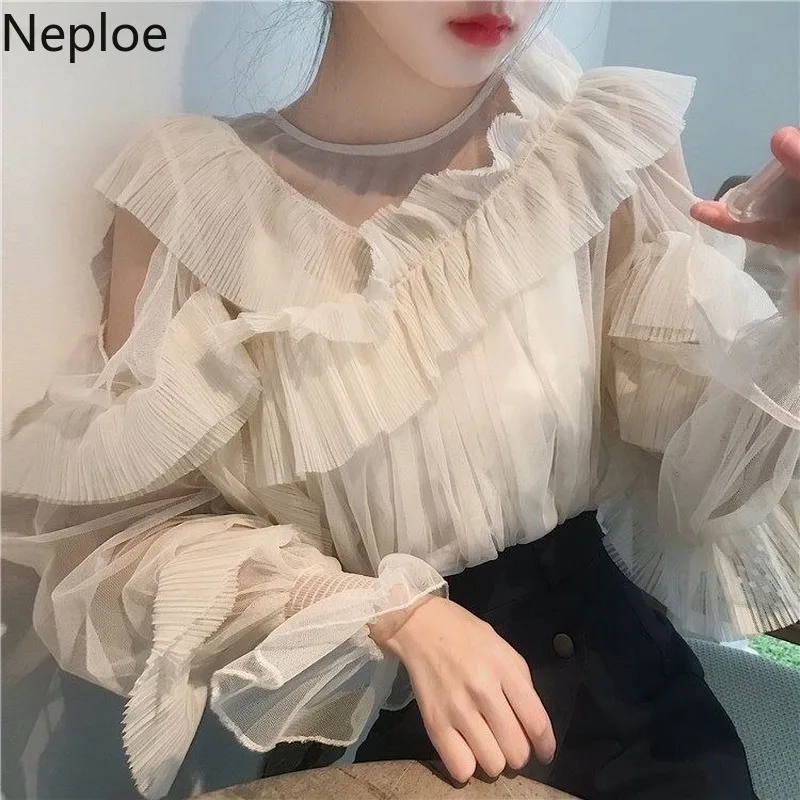 Женские модные рубашки Neploe с рюшами и оборками прозрачный шифоновый топ вырезами