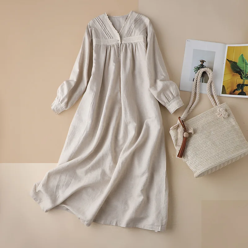 

SHUCHAN Spring/Autumn Linen Loose Dresses for Women 2021 Mid-Calf Full SLEEVE Bohemian Summer Dress Women