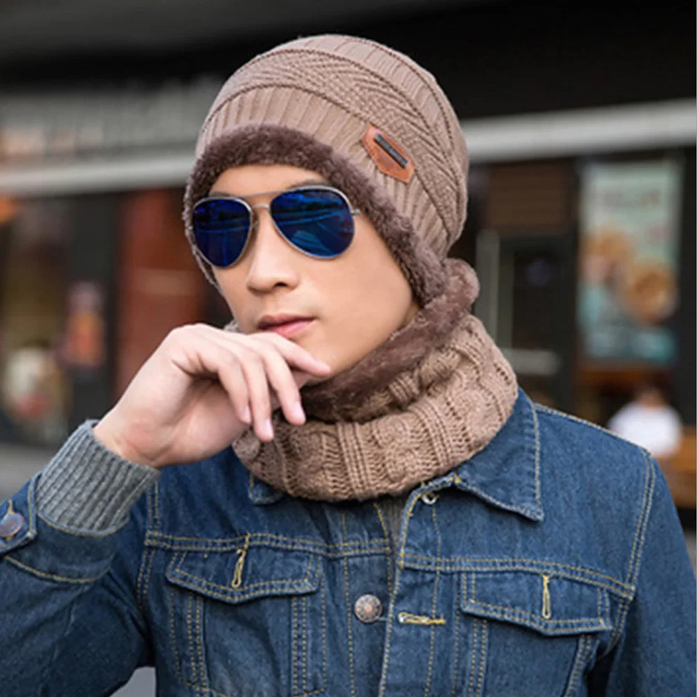 

Men Windproof Hiking Fashion Elastic Outdoor Keep Warm Two Piece Soft Autumn Winter Multifunction Knitting Wool Hat Scarf Set