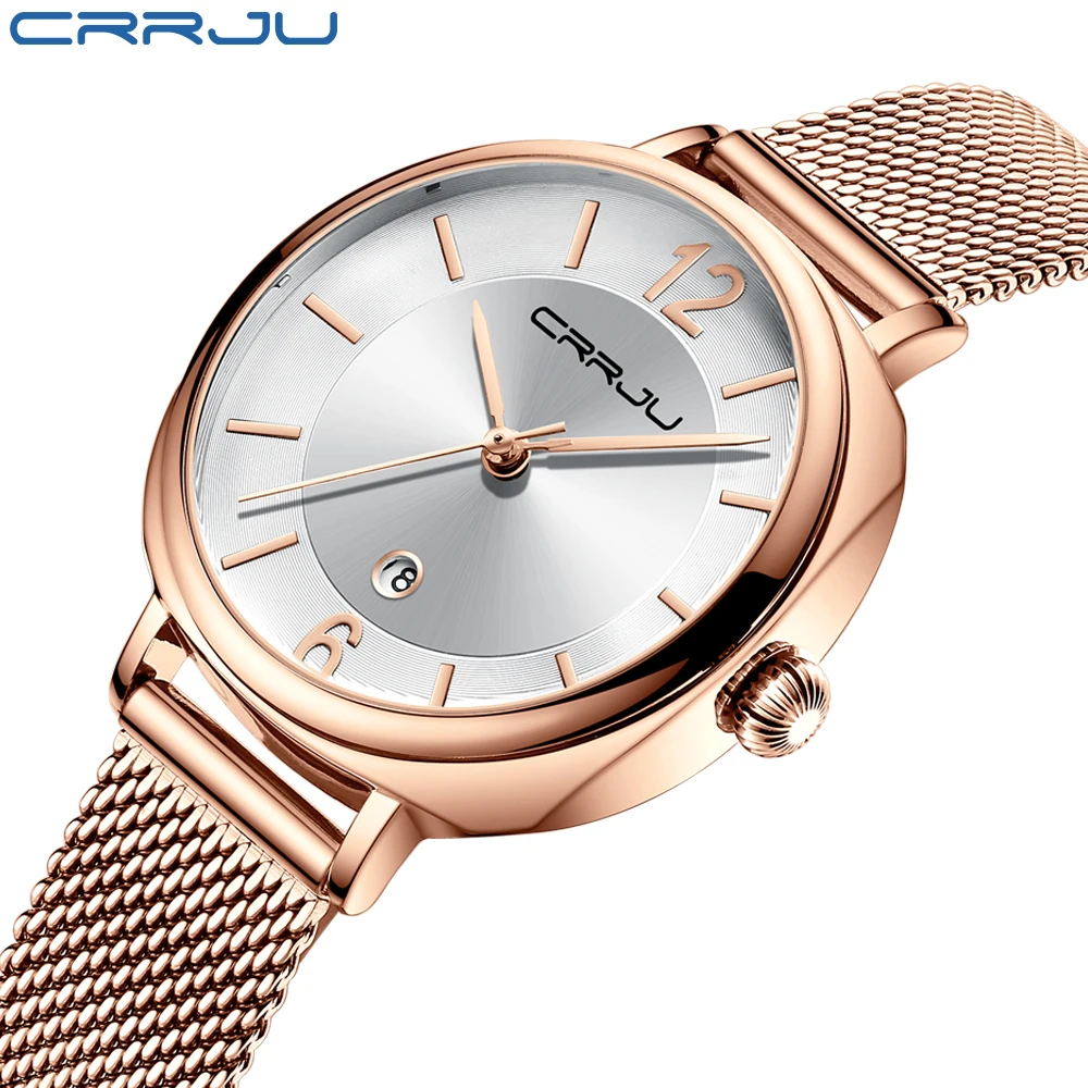 

Часы CRRJU женские кварцевые с браслетом из нержавеющей стали, брендовые роскошные стильные наручные, с розовым ремешком