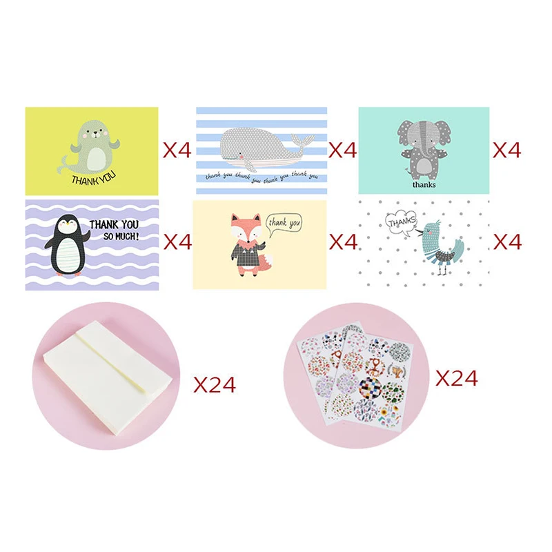 

24pcs/Set Mix Style Thank You Cards For Small Business Orders Cartoon Animal Printed Mother's Father's Day Birthday Paper Card