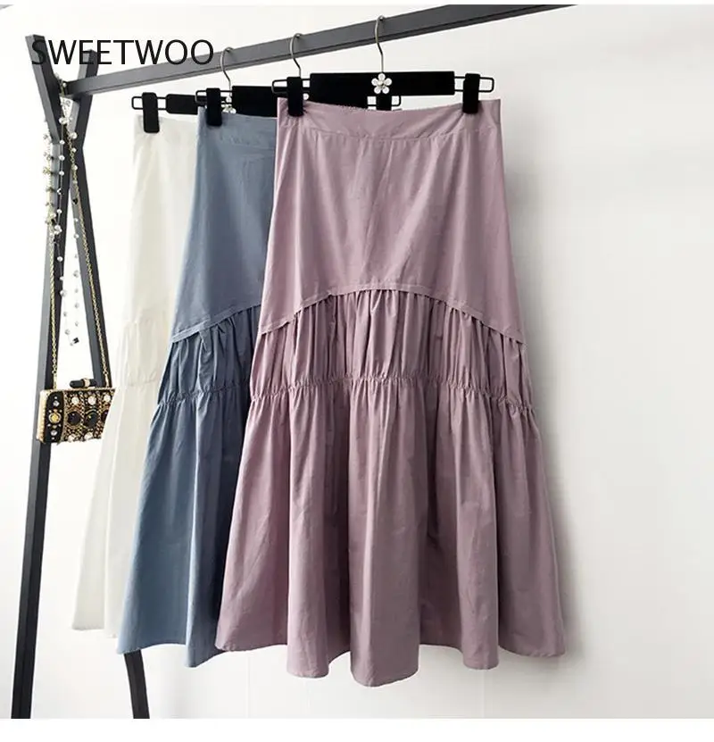 

Cotton Pleated Skirt Women Fashion 2021 Summer Casual Solid A Line High Waist Midi Long Skirt Female Black White Purple