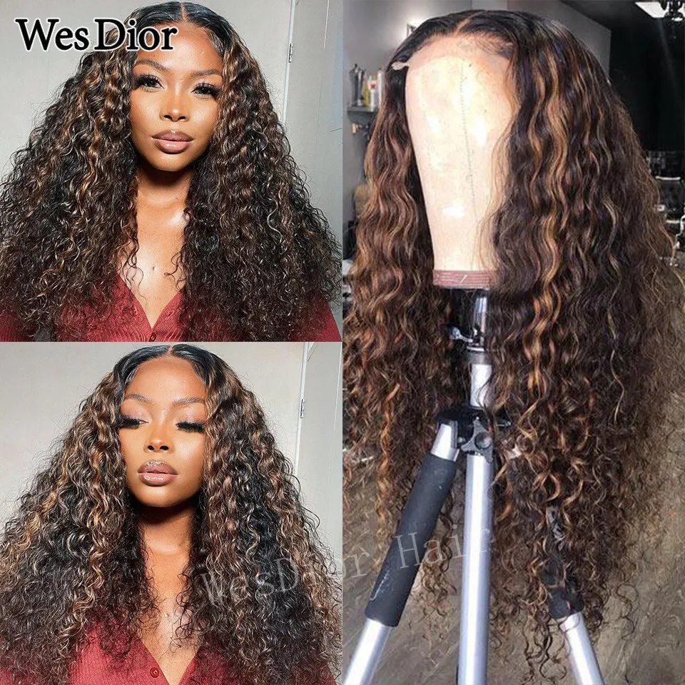 

Highlight Curly Lace Front Wig With Baby Hair Brazilian Ombre Deep Curly Human Hair Wigs For Women 4x4 Closure Wig Density 180