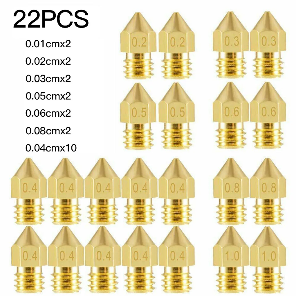 

22 Pcs/set MK8 Brass Nozzle 0.2/0.3/0.4/0.5MM Extruder Print Head Nozzle For 1.75MM CR10 CR10S Ender-3 3D Printer Accessories