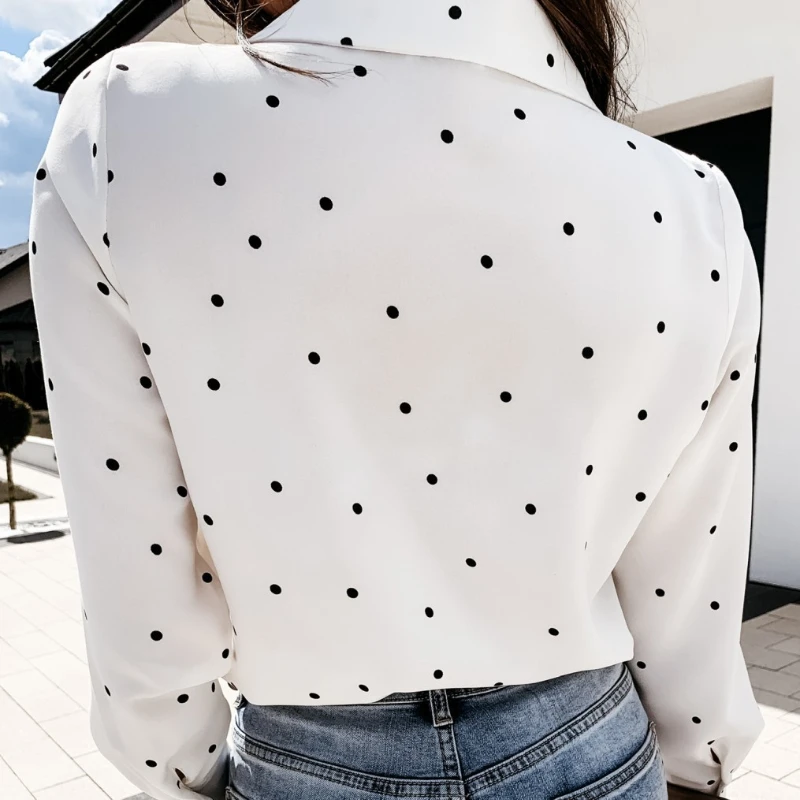 

Casual Deep V-Neck Dot Print Long Sleeve Blouse Woman Single Breasted Pocket Office Work Chiffon Tops 2021 New COTTON Printing