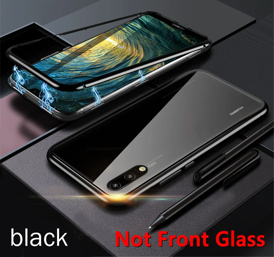 Black Металлический магнитный чехол для huawei P30 Pro P20 Lite P Smart Адсорбция для huawei mate 10 20 Pro Honor 10 Lite Задняя стеклянная крышка - Цвет: Black