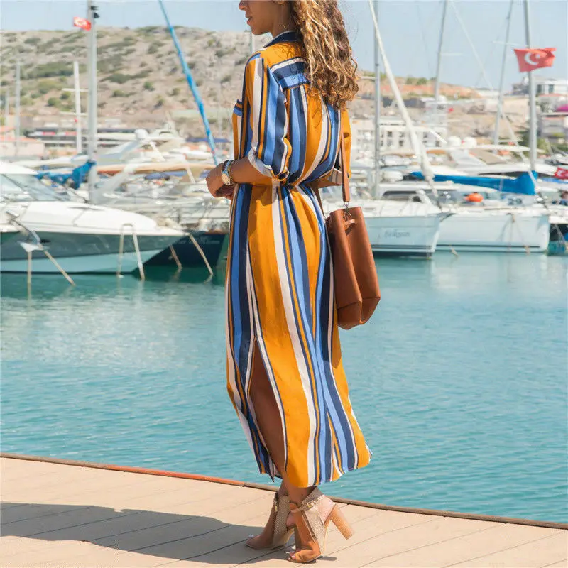 

Women Bohemian Sashes Long Maxi Dress Long Sleeve Loose Stripe Summer Beach Evening Cocktail Party Stripe Sundress
