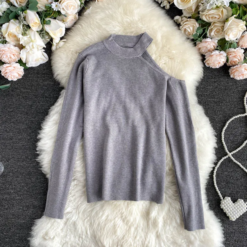 

Slim sexy hollow out off shoulder Pull Femme Autumn Knitted Pullover Sweater casual Winter stretch Top Women jumper Sweaters