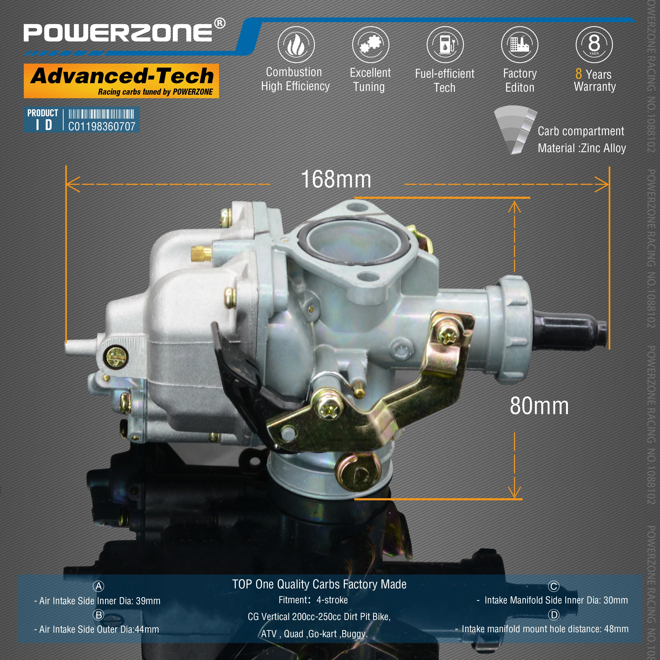 Карбюратор Powerzone PZ30B карбюратор с акселераторным насосом 30 мм CVK для CG Vertical 200cc-250cc