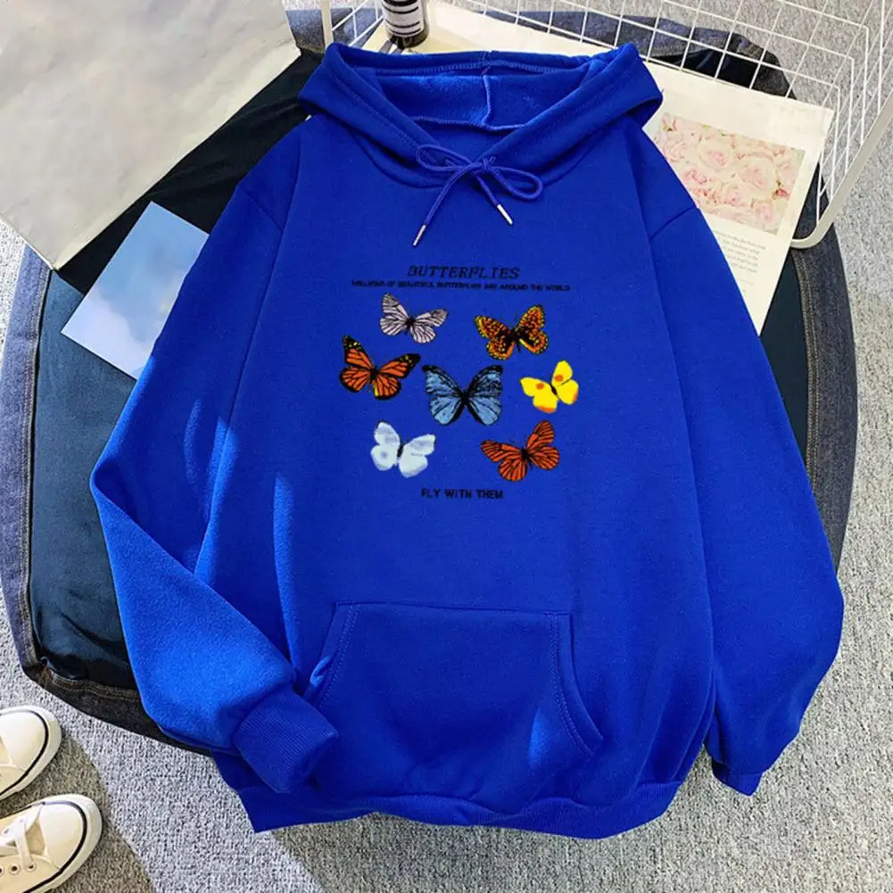 Butterflies Pattern Hooded Sweatshirts Women Front Pocket Cotton Blend Hoodies for Women Pullovers Tops femme Hoodies ropa mujer