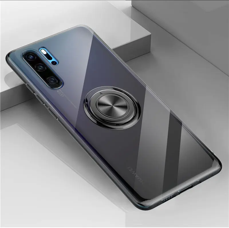 Black Прозрачный силиконовый чехол для huawei P20 Pro P30 Lite mate 20 Противоударная броня подставка для автомобильного держателя в виде кольца чехол для huawei P20Pro чехол - Цвет: Black
