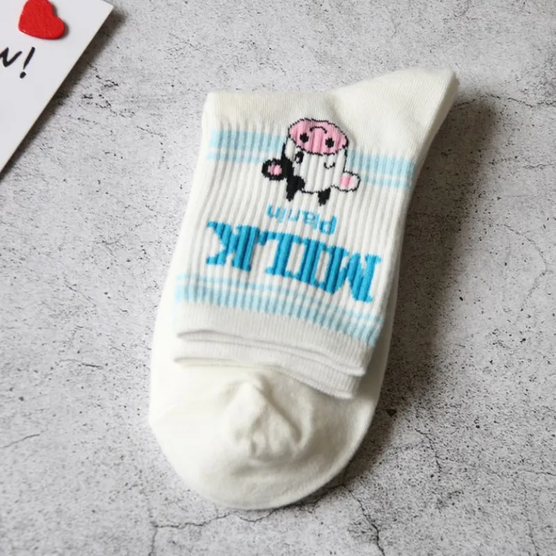 C Pile Heap Milk Women Pink Socks Cotton Cartoon Fruit Print Cute Socks Meias Korean Harajuku Style with Cow Strawberry Banana 39 - Цвет: C