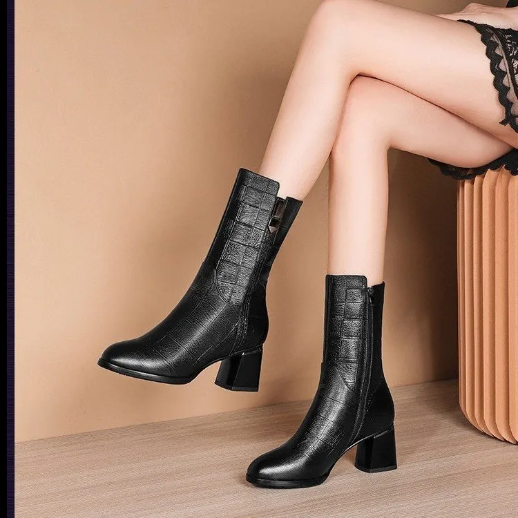

Short Boots Woman 2020 Mid Calf Boots Women's Winter Shoes Plush Booties Bowtie Block Heel Side Zipper Female Footware BLACK