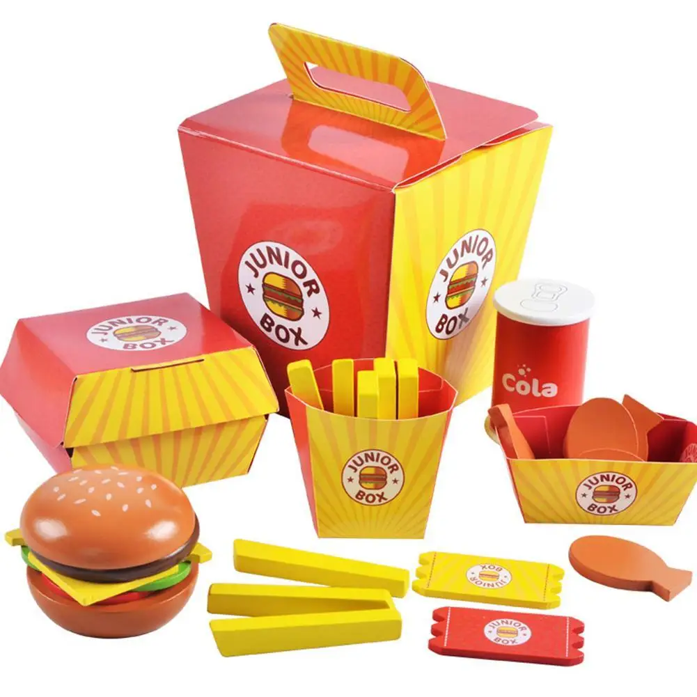

Simulation Wooden Hamburger Fries Fast Food Mdeol Set Kids Pretend Play Toy