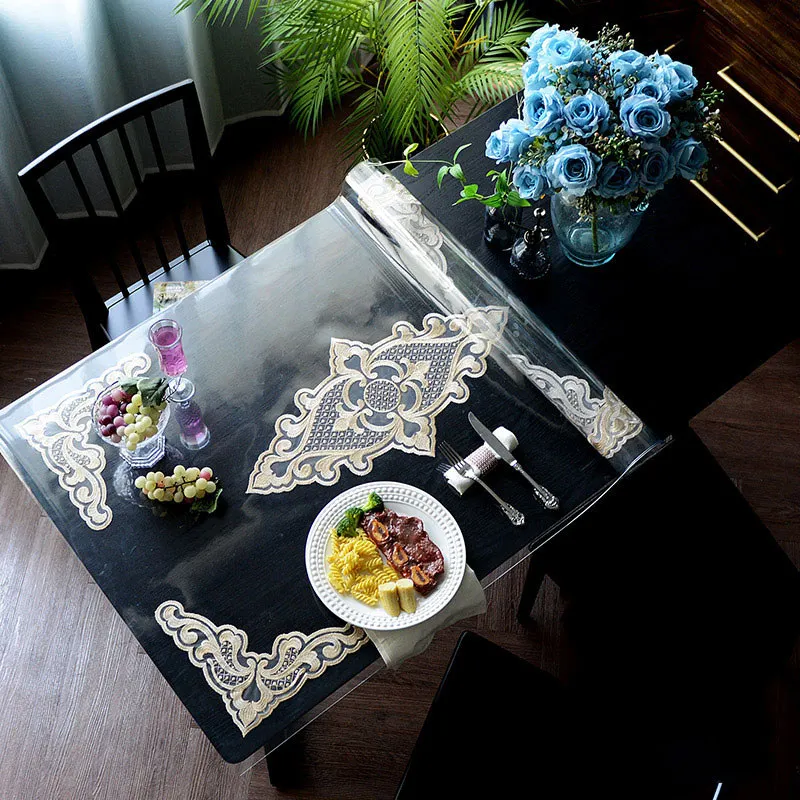 

European Lace PVC Tablecloth Waterproof Dining Transparent Table Mat Rectangular Coffee Table Cover Party Kitchen Anti-stain