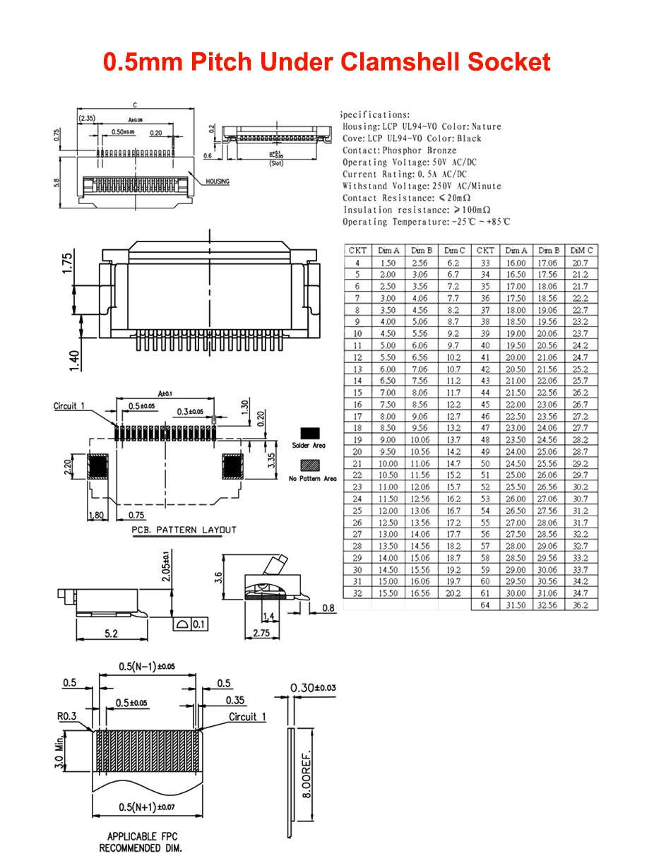 10pcs 0.5mm / 1mm Pitch Under Clamshell Socket FPC FFC Flat Cable Connector 4P 5P 6P 8P 10P 12P 14P 16P 20P 22P 24P 30P 34P - купить по