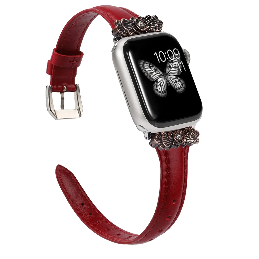 TreeRed Кожаный ремешок для Apple Watch 38 мм 42 мм iWatch женский тонкий металлический с уникальным декоративным ремешком браслет для iwatch серии 4 3 2 1 - Цвет ремешка: TreeRed