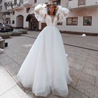 Пляжное свадебное платье с глубоким V-образным вырезом, белое длинное Плиссированное Тюлевое платье-трапеция с пышными рукавами, аппликации свадебные платья, с открытой спиной