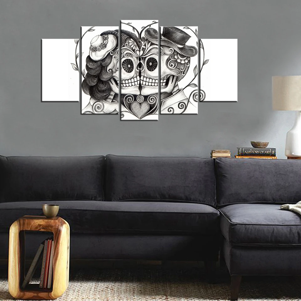 

Decoration Poster Frame Wall Art Pictures Home 5 Panel Day Of The Dead Face Skull Lover Modern Living Room HD Printed Painting