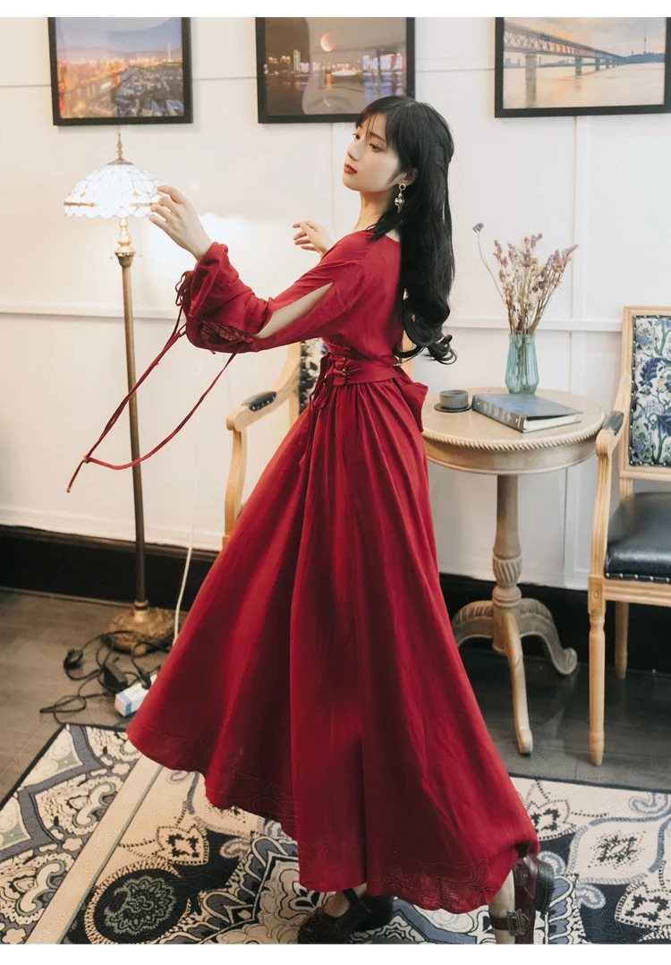 YOSIMI Maxi Chiffon Red Long Women Dress Bohemian V-neck Lantern Sleeve Full Sleeve Ankle-lenght Female Dress with Sashes