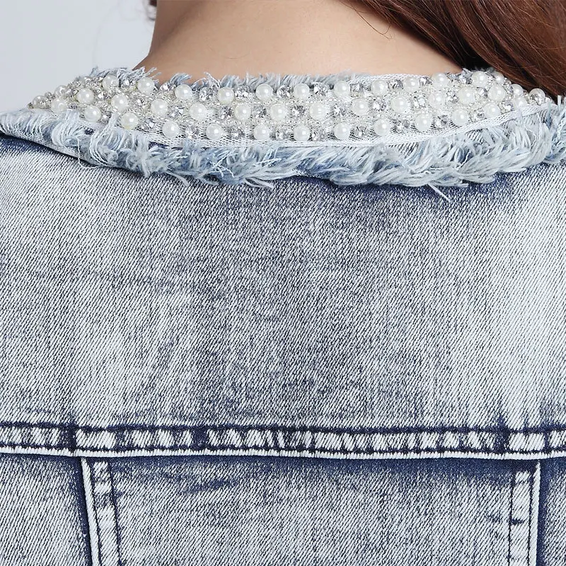 

2021 New Fashion Denim Jacket Female Outerwear Pearl Beading Causal Jeans Coat Women's Vintage Long Sleeve Spring Short Jackets