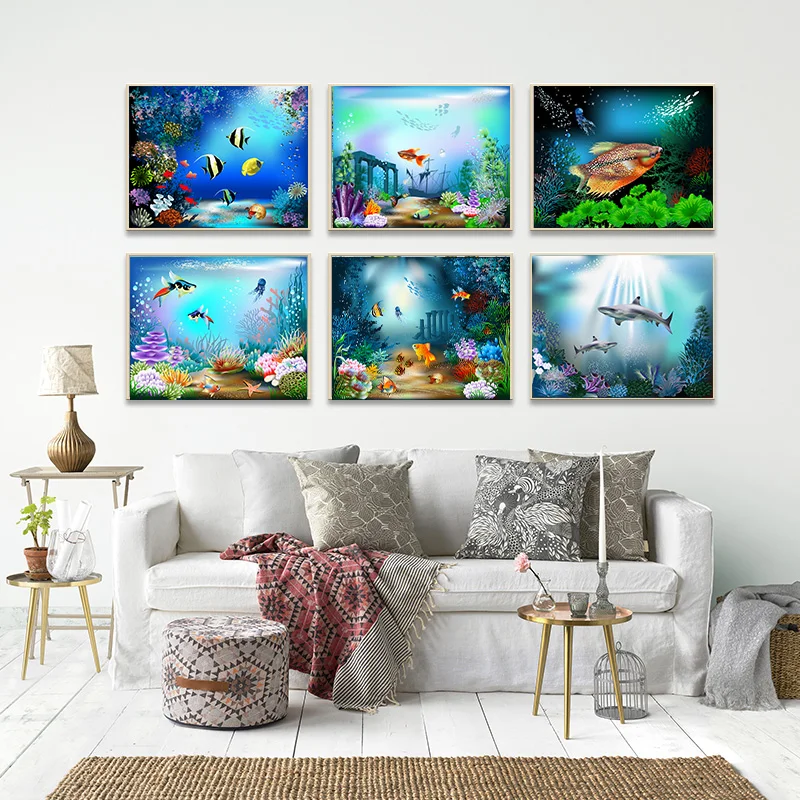 

Cartoon HD Underwater World Dolphin Shark Fish Aquatic Plants Children Canvas Painting Prints poster Wall Art Picture Kids Room