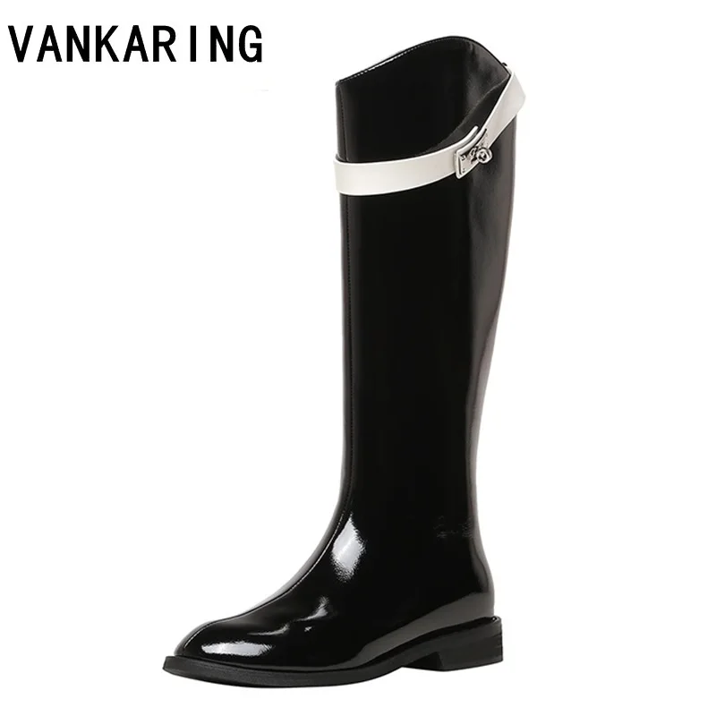 

hot sale high quality patent leather round toe riding equestrian boots zipper buckle straps concise brand design thigh high boot