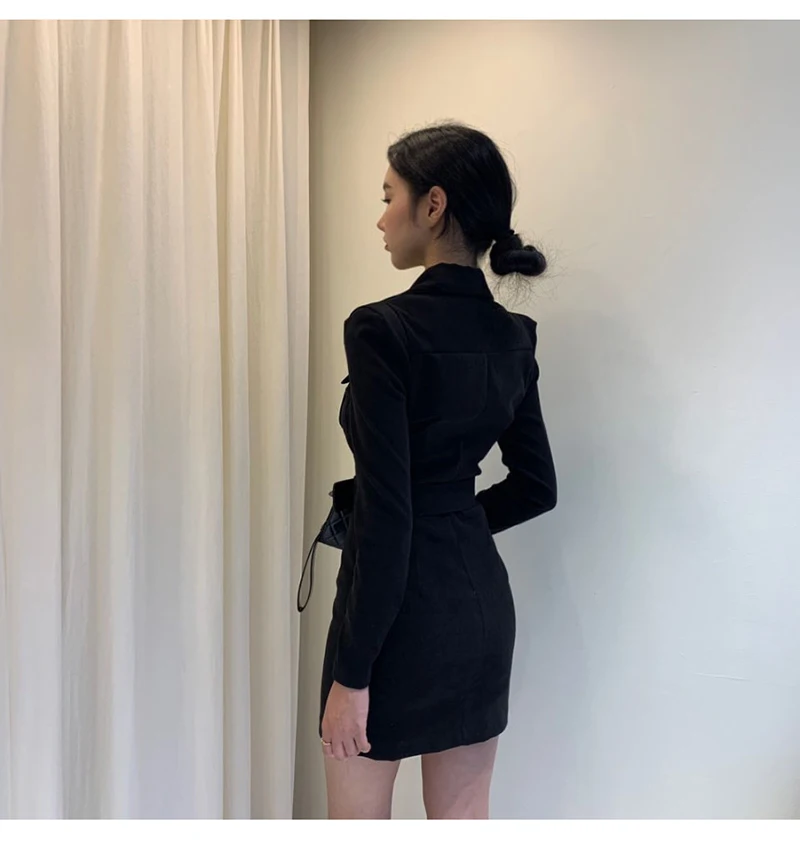Trytree Autumn Winter Women Casual Dress Turn-down Collar Single Breasted Pockets Belt 5 Colour Slim fit Fashion Mini Dress