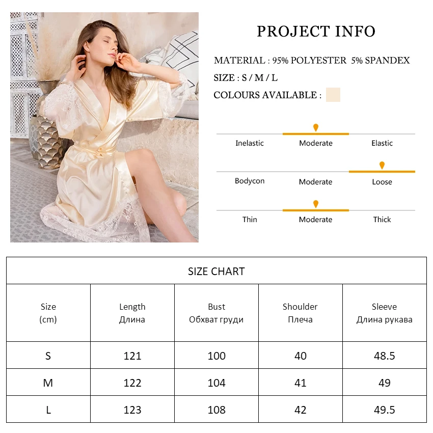 

Restve Lace Patchwork Satin Home Robe Female Three Quarter Sleeve Long Robes With Sashes Chic Bathrobe Solid Casual Autumn 2021