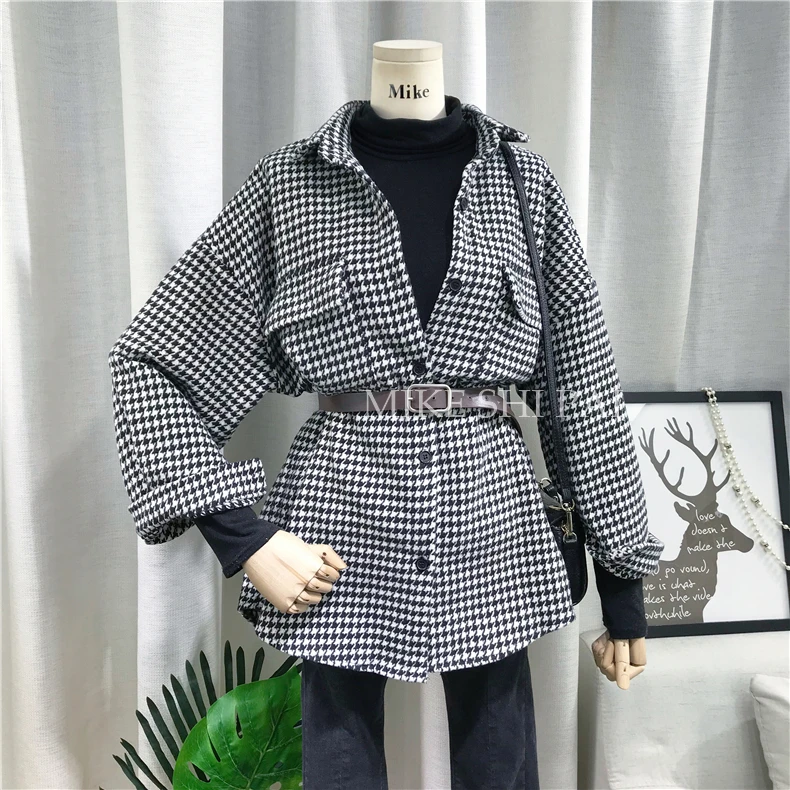 Autumn New Korean Loose Houndstooth Belt Waist Shirt Women Lapel Long Sleeve Thicken Retro Blouse Students Cardigan Tops | Женская