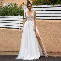 luxury a line chiffon wedding sleeveless lace applique charming gowns deep v neck backless sexy high split robe de