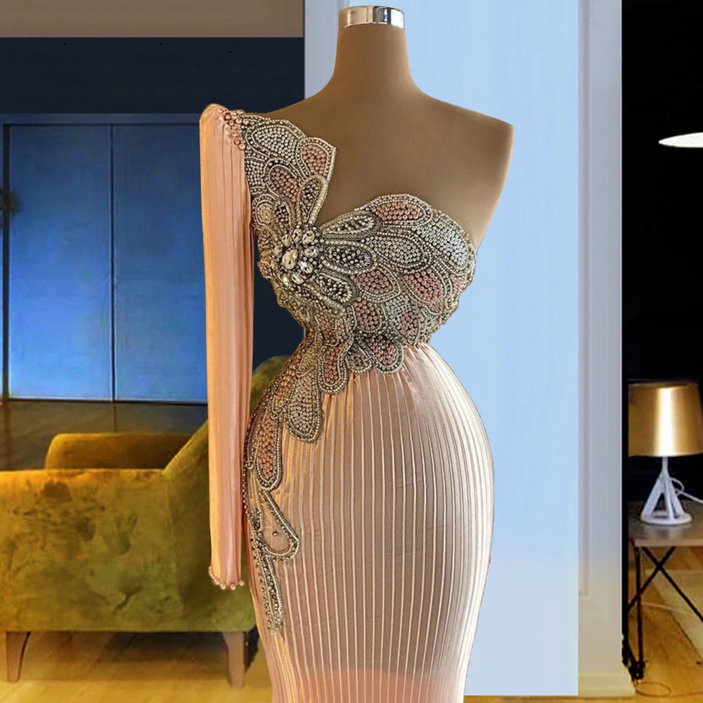 

YILIBER Evening dresses 2021 vintage vlack pearls long sleeves evening gowns beading prom dresses for women short dresses