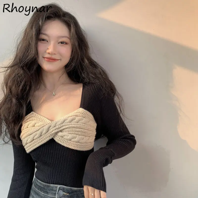

Pullovers Women Patchwork Crop Sexy Square Collar New Arrivals Aesthetic Sweater Tight Knitting Autumn Popular Ladies Ins Trendy