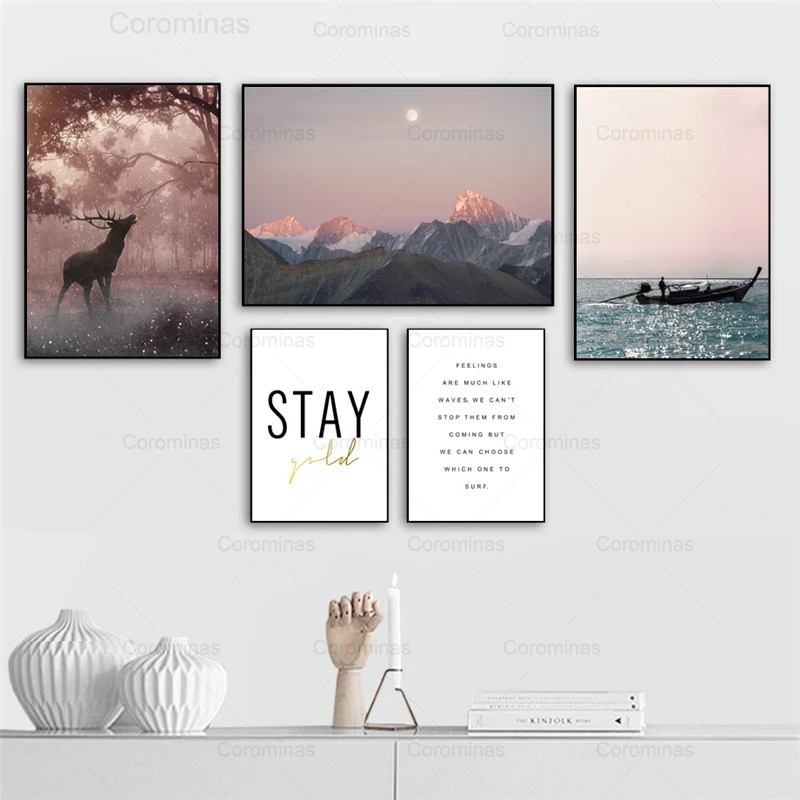 

Misty Deer Forest Wall Art Canvas Painting Mountain Boat Sea Landscape Nordic Posters and Prints Pictures for Living Room Decor